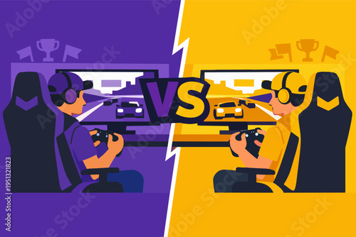 Two gamers competing in an esports race using controllers and gaming setups