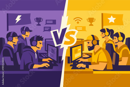 Esports teams competing in online video game tournament with players and computers