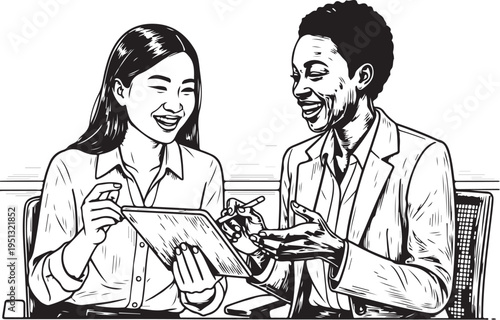 Two businesswomen collaborating, hand drawn simple sketch vector illustration