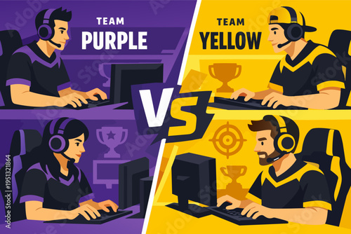 Esports players competing in a gaming tournament, team Purple versus Team Yellow
