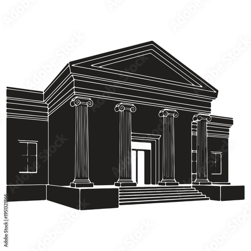 Classical building with columns and triangular roof front facade with steps and doorway illustration isolated
