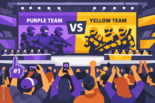 Cheering crowd watching an exciting video game tournament in a packed arena