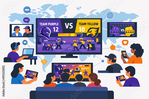 Global esports streaming with multiple devices, people watching live video game tournaments