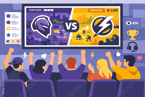 Esports fans watching live video game tournament broadcast on big screen