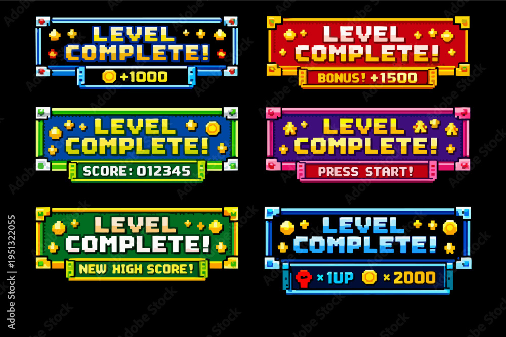 Naklejka premium Retro pixel art level complete game interface banners showing various rewards