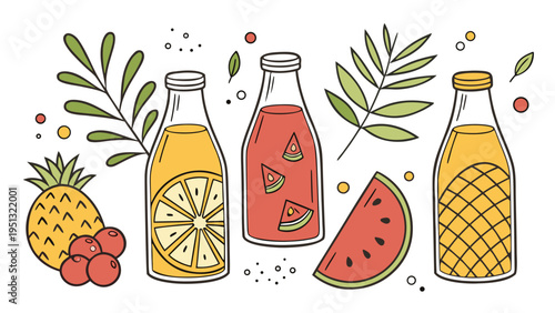 Fresh Fruit Juice Bottles and Glasses Vector Collection Isolated on White