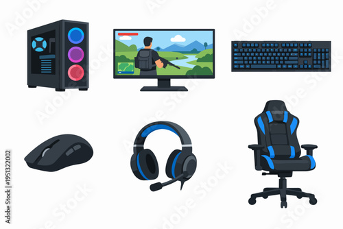 Gaming setup hardware showing PC, monitor, keyboard, mouse, headset and gaming chair