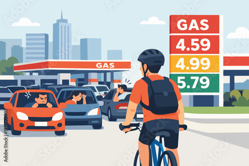 Cyclist passing gas station with high fuel prices and frustrated drivers stuck in traffic