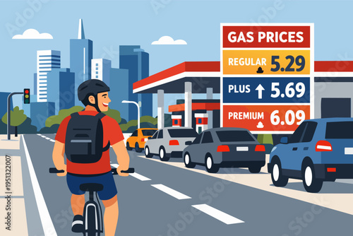 Cyclist bypassing gas station with rising fuel prices, choosing eco-friendly transport