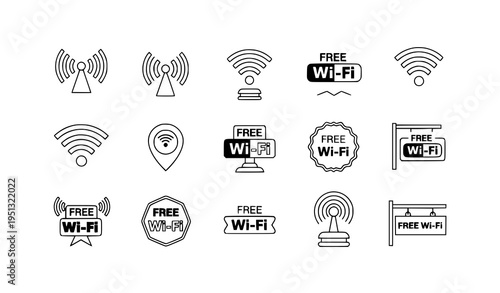 Minimal Free WiFi Icons – Wireless Signal Public Access Badge Vector Collection