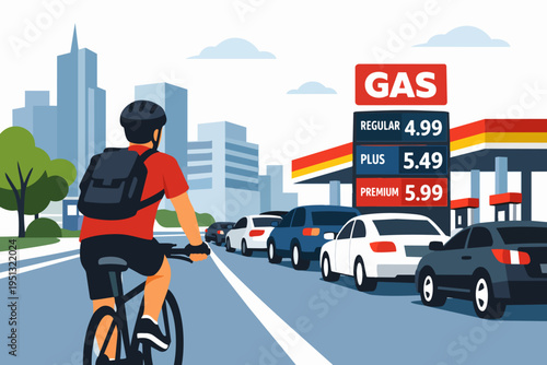 Cyclist riding past a long line of cars queuing at gas station with rising fuel prices