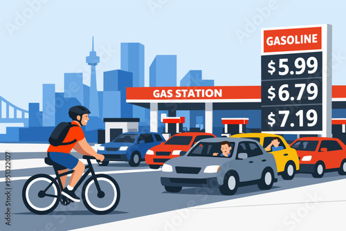 Cyclist bypassing cars in gas station queue with high fuel prices
