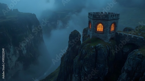 Mystical Medieval Tower on Cliff Edge in Foggy Mountain Canyon