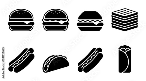 A collection of black and white icons featuring various fast food items including burgers, hot dogs, tacos, and sandwiches, perfect for use in menus, advertisements, or food-related designs.