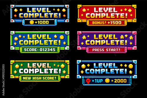 Retro pixel art level complete game interface banners showing various rewards