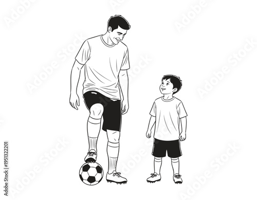 A man and a young boy standing with a soccer ball