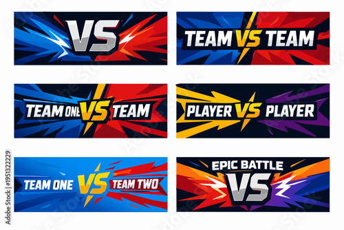 VS versus screen banners showing team vs team and player vs player esports competition