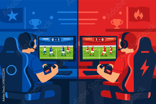 Gamers competing in an e-sports tournament playing soccer video games