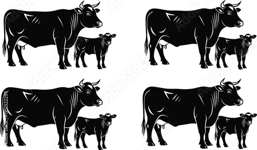 Cow and calf silhouettes set featuring mother cow with baby calf standing together isolated on white background for dairy farm and agricultural design