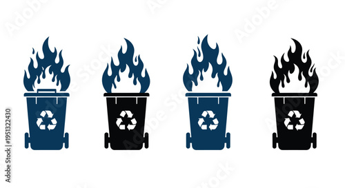 Four burning trash cans depicted in a striking dark silhouette