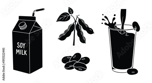 Soy milk carton beans and a glass with a splash silhouette