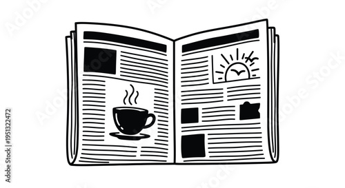 Open newspaper with coffee cup and sun illustration black silhouette