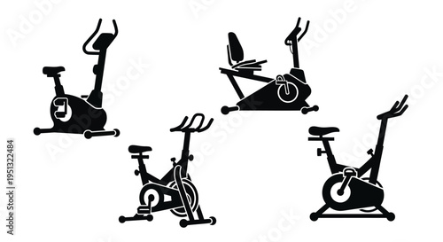 Four exercise bikes in black shown as a distinct silhouette