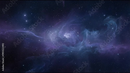 Cosmic nebula scene with flowing purple and blue mist drifting across a star filled deep space background in smooth seamless ethereal motion