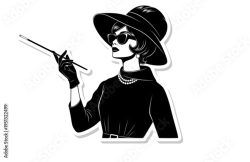 Sophisticated 1960s Film Actress Silhouette, Iconic Hollywood Star Vector Sticker, Elegant Vintage Cinema Fashion Illustration
