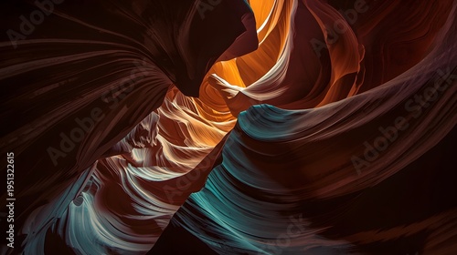 Abstract Sandstone Cave Interior with Flowing Wave Shapes and Warm Sunlight