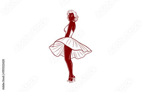 1950s Hollywood Glamour Icon in Blowing Dress Silhouette, Vintage Pin Up Movie Star Vector Sticker, Classic Cinema Beauty Illustration