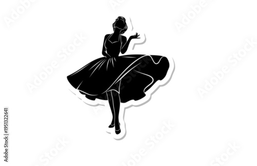 1950s Hollywood Glamour Icon in Blowing Dress Silhouette, Vintage Pin Up Movie Star Vector Sticker, Classic Cinema Beauty Illustration