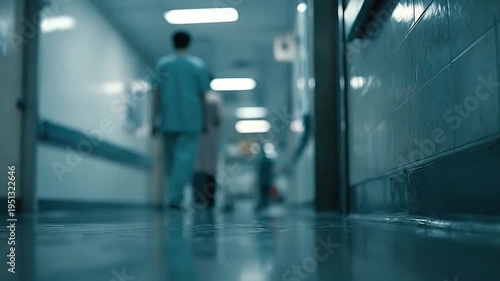 Low angle view of blurred medical staff walking down a hospital corridor