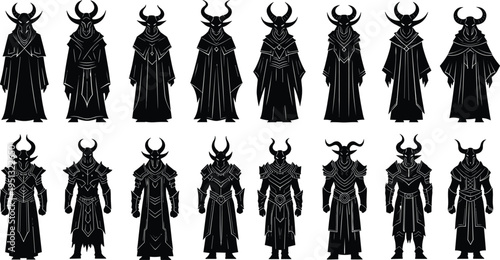 Fantasy horned character silhouettes set featuring dark cultists mages in robes and armored warriors with horns isolated on white background for game design