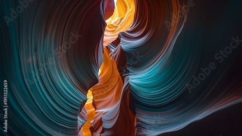 Abstract Sandstone Cave Interior with Flowing Wave Shapes and Warm Sunlight