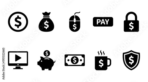 A collection of black and white icons representing various financial concepts such as money, payment, security, and banking, useful for marketing, advertising, and educational materials.