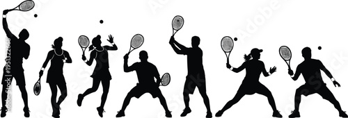 Tennis player silhouettes set, professional athletes playing tennis, serve and volley action poses, racquet sports icons, competition match elements, and athletic training
