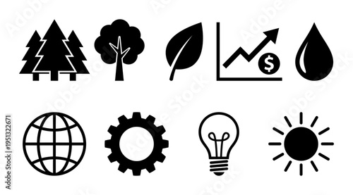 a collection of eco friendly business icons representing green technology, sustainability, and innovation, suitable for marketing, advertising, and educational materials