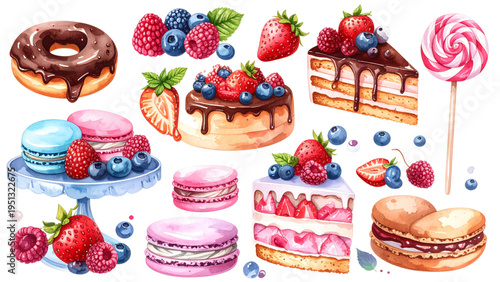 Sweet treats and bakery desserts collection featuring chocolate donut, strawberry layer cake, colorful macarons and swirl lollipop on stick