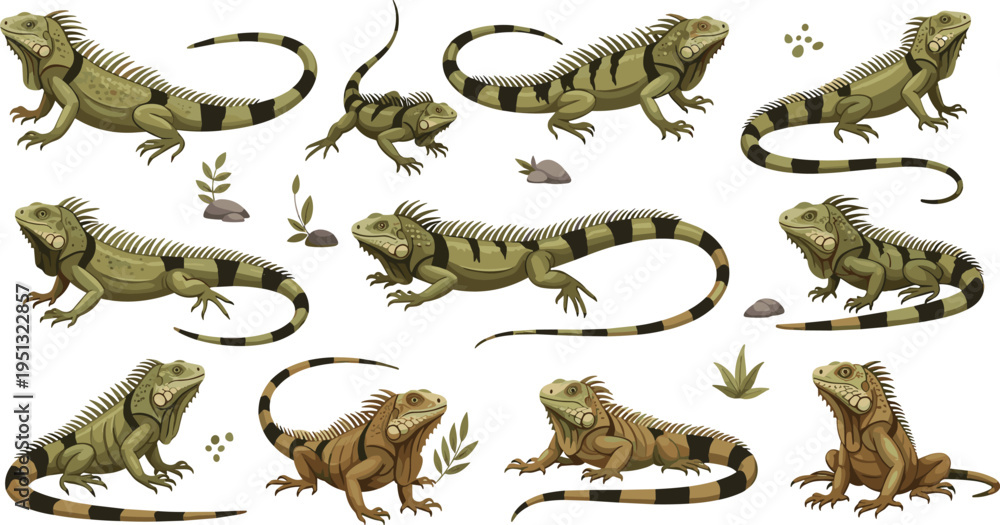 Fototapeta premium Iguana Lizard Vector Collection Featuring Multiple Poses, Detailed Scales, and Tropical Reptile Anatomy for Wildlife Illustration, Nature Education, and Design Projects.