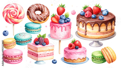 Sweet treats and bakery desserts collection featuring chocolate donut, strawberry layer cake, colorful macarons and swirl lollipop on stick