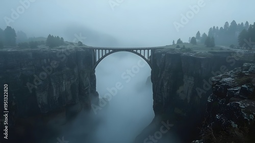 Ancient Stone Arch Bridge Over Deep Misty Gorge