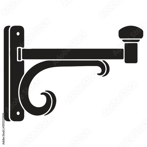 Decorative metal bracket with curved scroll end and knob isolated on white background