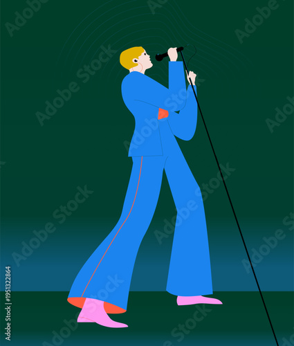 Stylish female singer in a blue suit performing on stage. Modern music performance concept with fashionable artist, live show atmosphere, and entertainment industry theme.