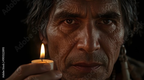 Close up portrait of man holding candle in dark room