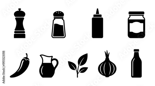 A collection of kitchen icons featuring various condiments and ingredients, perfect for use in culinary or recipe contexts, such as food blogs, restaurant menus, or cooking apps.