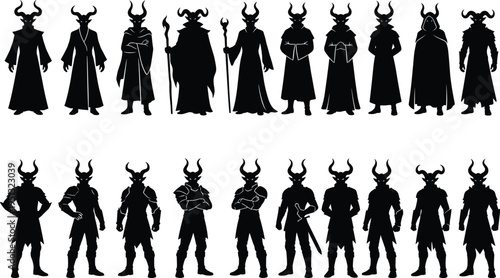 Fantasy horned mage and warrior silhouette set, mythical demon sorcerer warlock and devil soldier characters in robes armor for game design assets