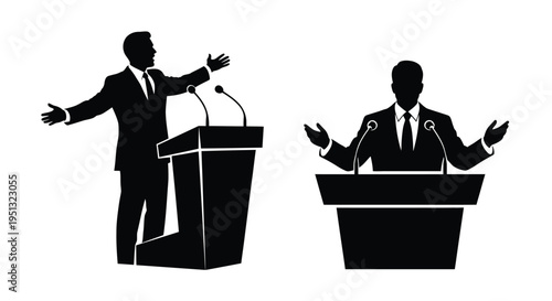 Two speakers at podiums delivering speeches a striking black silhouette