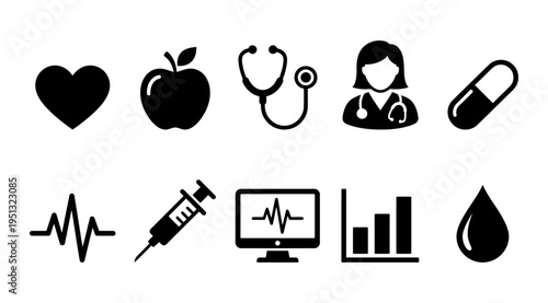 A collection of black medical icons on a white background, featuring symbols for healthcare, wellness, and medicine, suitable for use in medical marketing, educational materials, or website design.