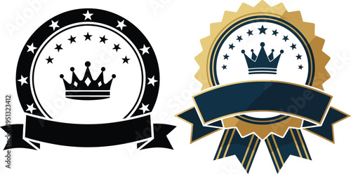 Crown Emblem Badge Designs with Ribbon Banners for Prestige, Awards, and Certifications"
